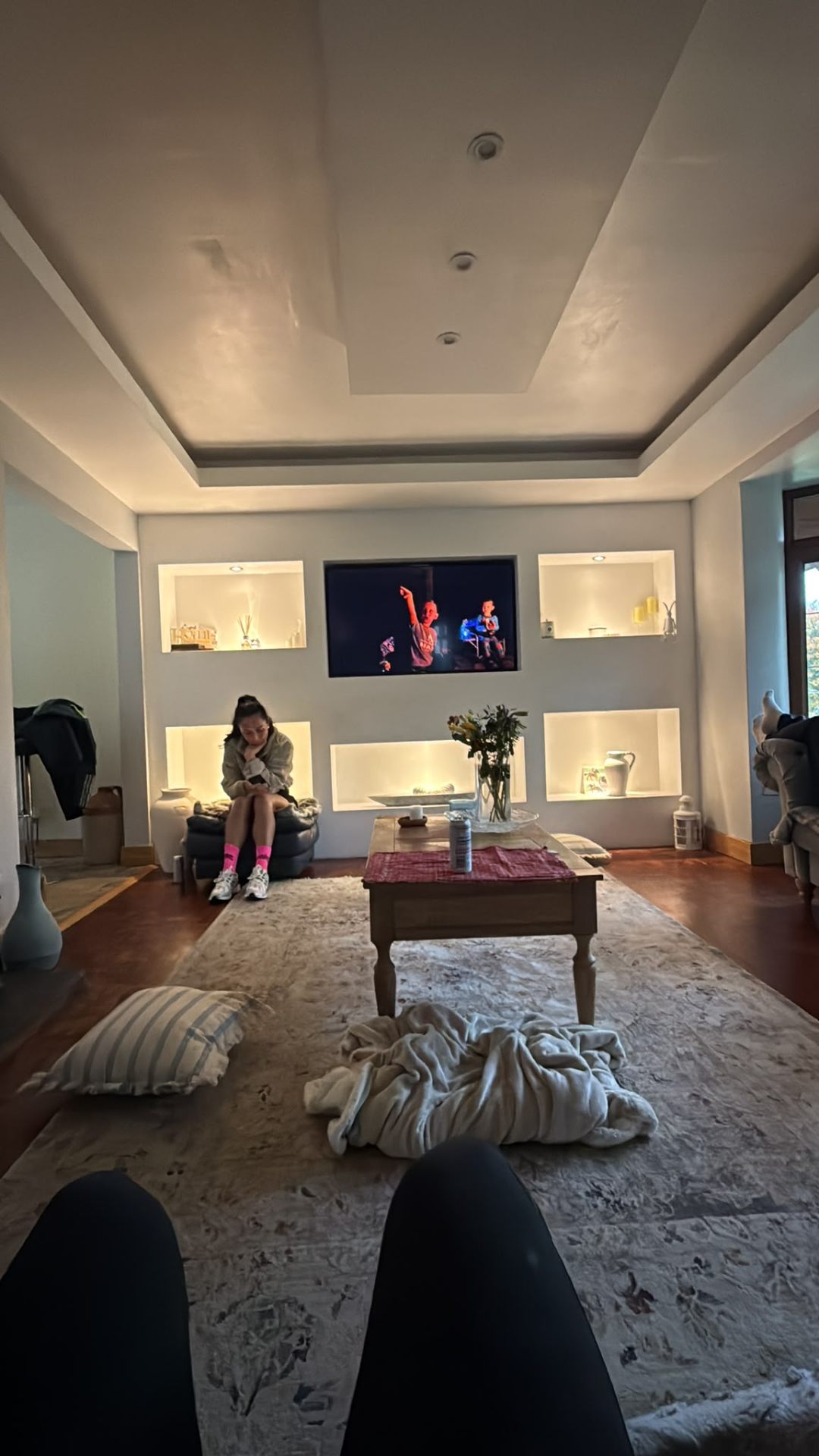 Completed living room feature wall with integrated television and custom lit alcove shelving units.