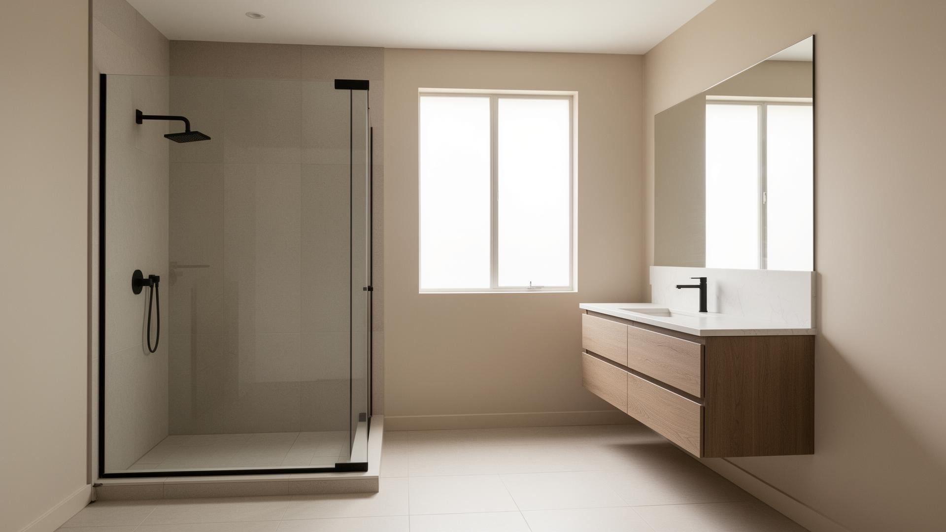 Modern neutral-toned bathroom with frameless walk-in shower, floating wood vanity and natural light — example of bathroom renovations by LEWZ Property Development